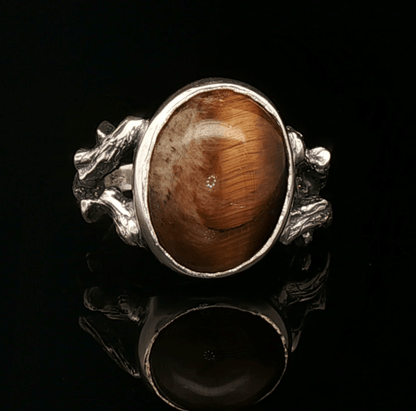 Sterling Silver Wood Style Ring with Tiger's Eye Cabochon, size 7.5 - Le Dragon Argenté - Live Sale - 