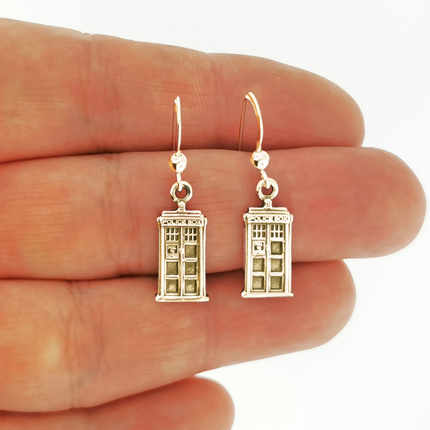 Gold Tardis Charm Earrings Made To Order, Gold Tardis Charm Earrings,  Gold Tardis Earrings, Dr. Who Earrings, Gold Dr. Who Earrings, Gold Sci-Fi Earrings, Gold Pop Culture Earrings, Dr. Who Jewelry In Gold, Dr. Who Jewellery In Gold, Gold Tardis Jewelry, Gold Tardis Jewellery, Gold Tardis Charms