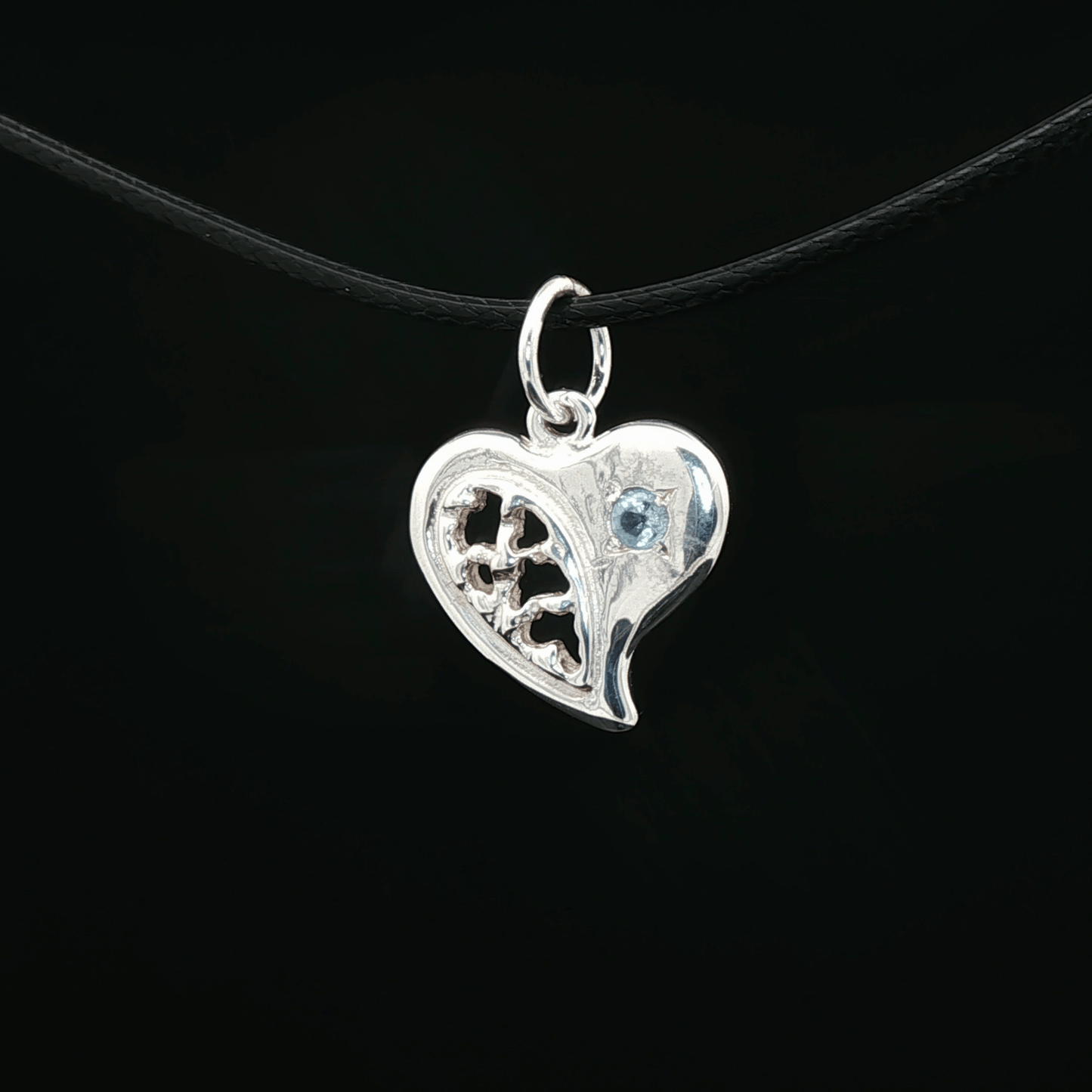 Textured Heart Pendant with March Birthstone in Sterling Silver - Le Dragon Argenté - Live Sale - 