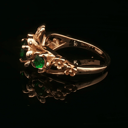Triple rose birthstone ring in antique bronze with colourful birthstones and ornate floral detailing in gothic vintage style by Le Dragon Argenté