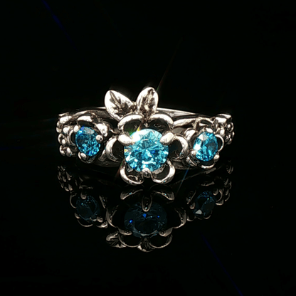 Triple rose birthstone ring in sterling silver with sparkling birthstones and detailed floral design in romantic vintage style by Le Dragon Argenté