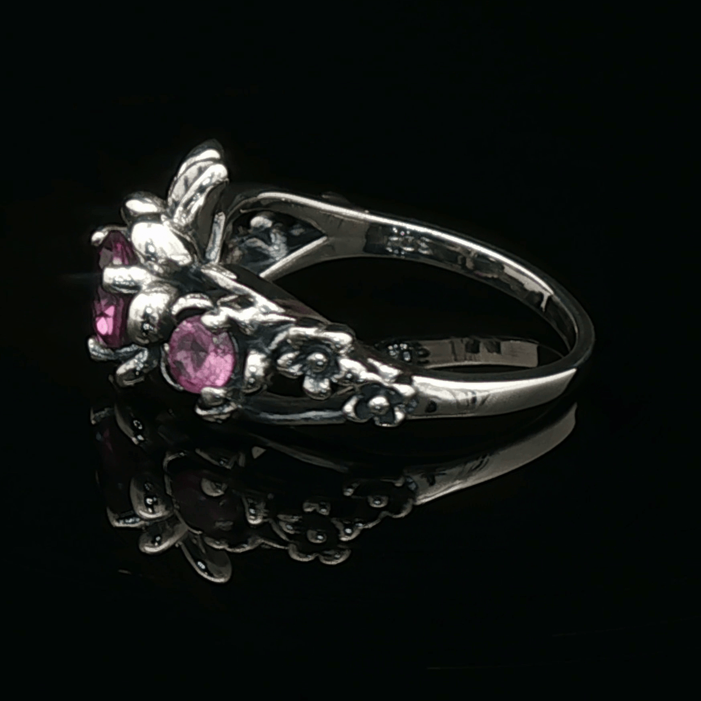 Triple rose birthstone ring in sterling silver with sparkling birthstones and detailed floral design in romantic vintage style by Le Dragon Argenté