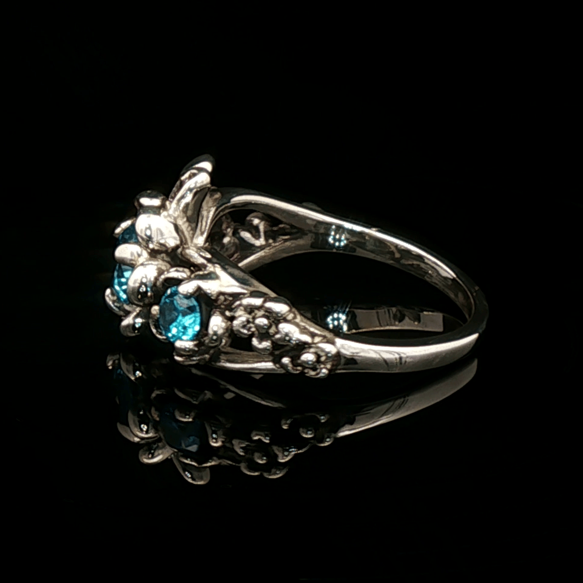 Triple rose birthstone ring in sterling silver with sparkling birthstones and detailed floral design in romantic vintage style by Le Dragon Argenté