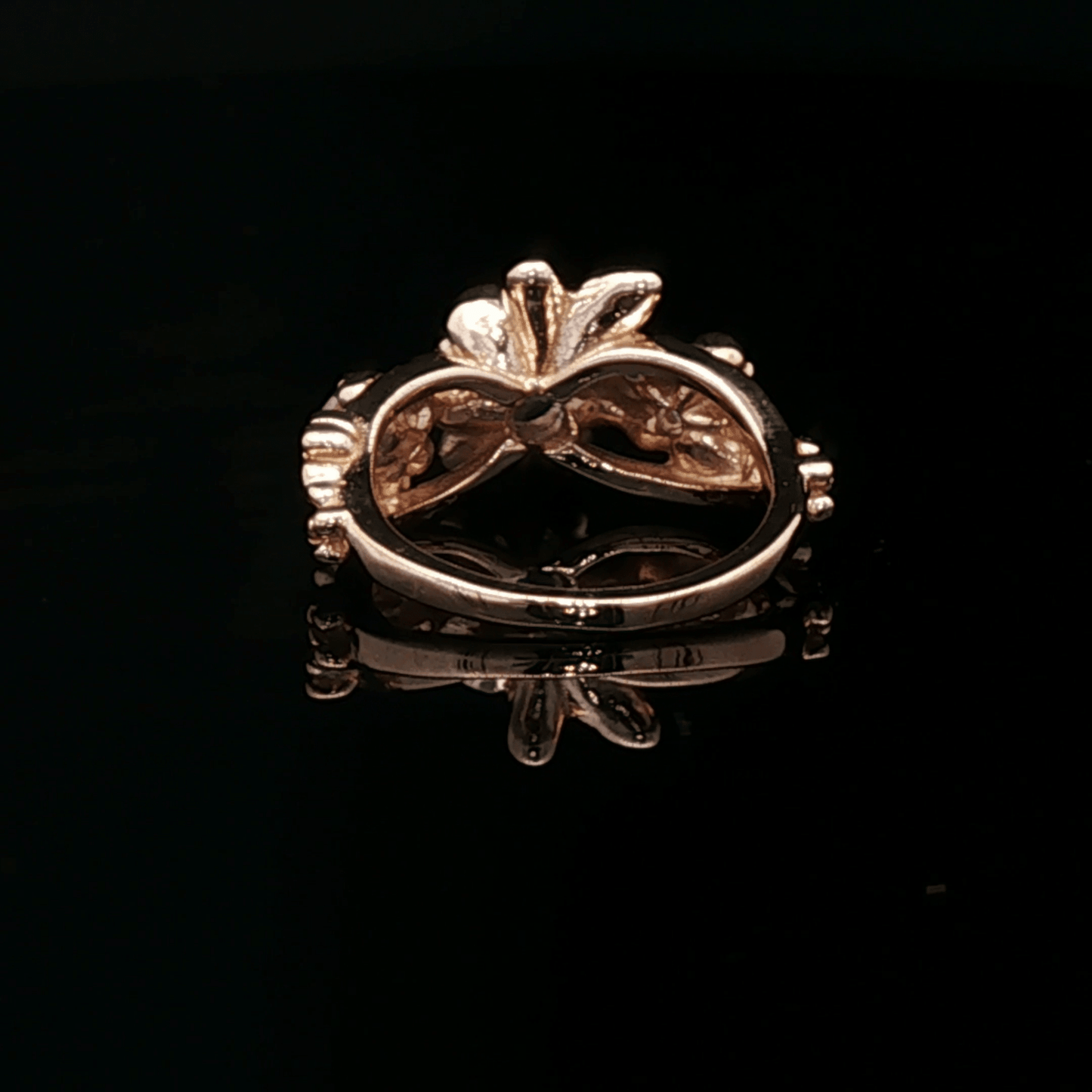 Triple rose birthstone ring in antique bronze with colourful birthstones and ornate floral detailing in gothic vintage style by Le Dragon Argenté