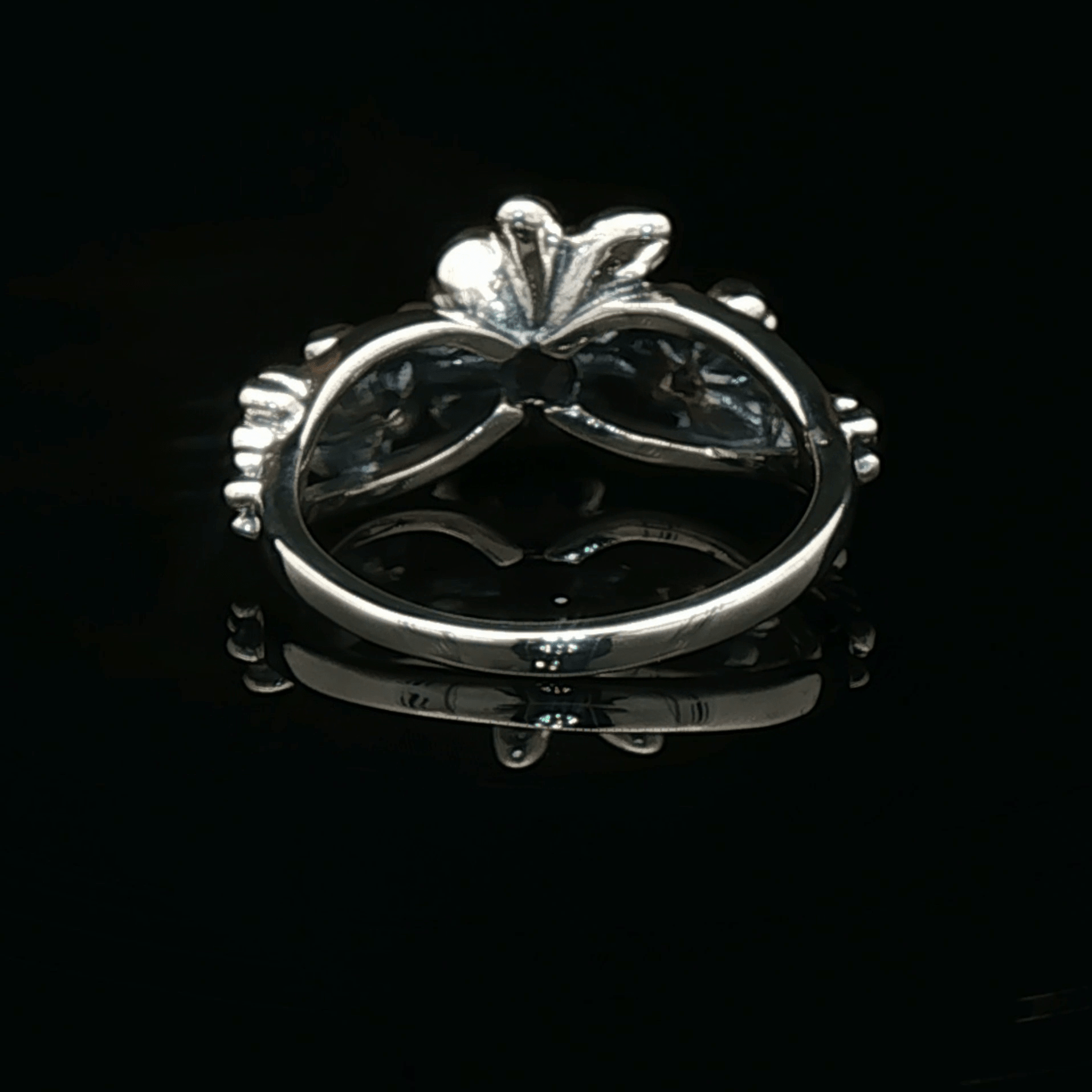 Triple rose birthstone ring in sterling silver with sparkling birthstones and detailed floral design in romantic vintage style by Le Dragon Argenté