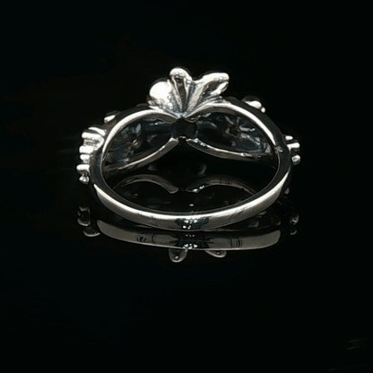 Triple rose birthstone ring in sterling silver with sparkling birthstones and detailed floral design in romantic vintage style by Le Dragon Argenté