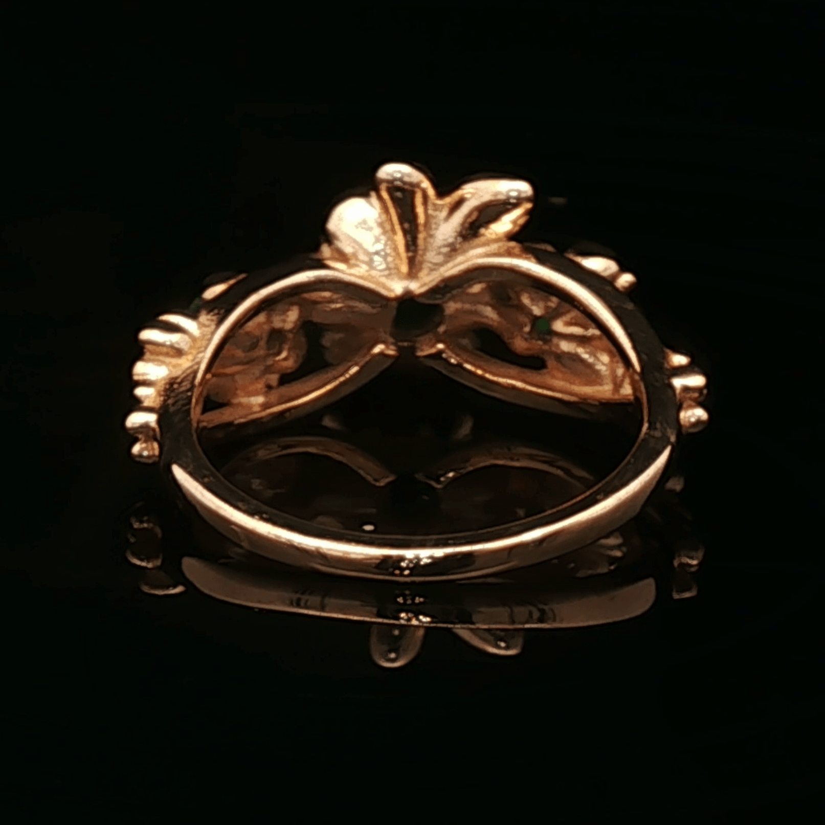Triple rose birthstone ring in antique bronze with colourful birthstones and ornate floral detailing in gothic vintage style by Le Dragon Argenté