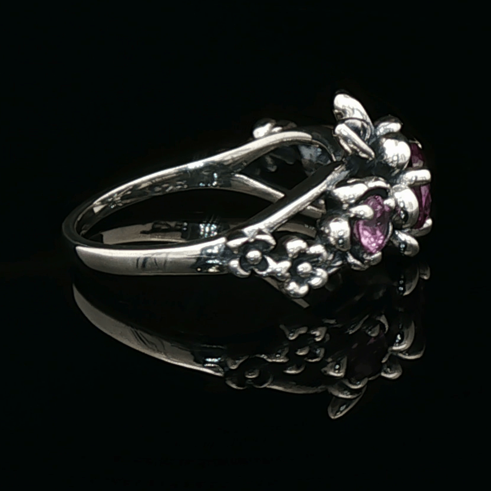 Triple rose birthstone ring in sterling silver with sparkling birthstones and detailed floral design in romantic vintage style by Le Dragon Argenté