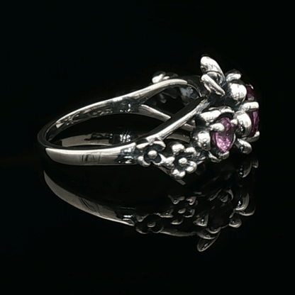 Triple rose birthstone ring in sterling silver with sparkling birthstones and detailed floral design in romantic vintage style by Le Dragon Argenté