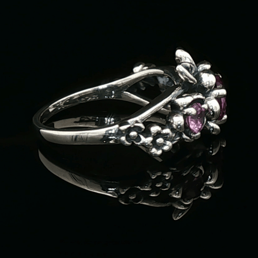 Triple rose birthstone ring in sterling silver with sparkling birthstones and detailed floral design in romantic vintage style by Le Dragon Argenté