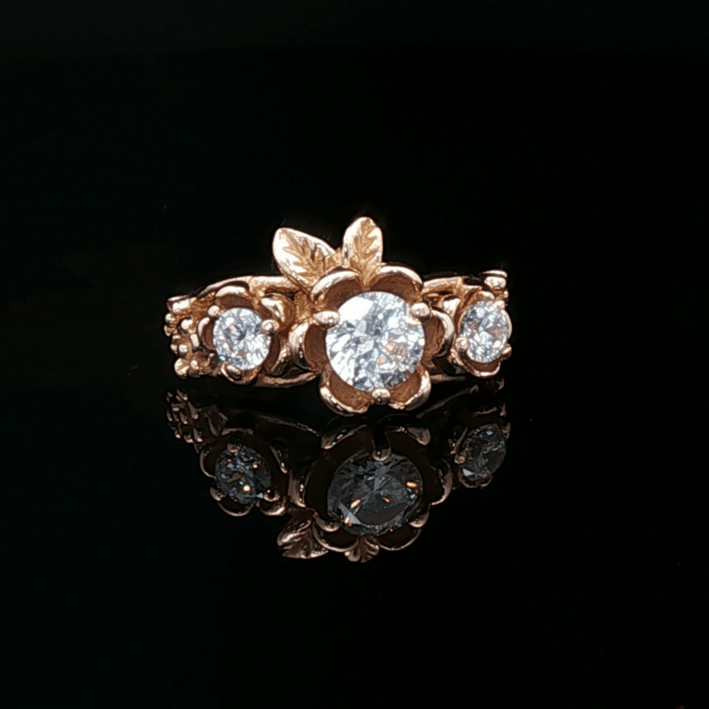 Triple rose birthstone ring in antique bronze with colourful birthstones and ornate floral detailing in gothic vintage style by Le Dragon Argenté