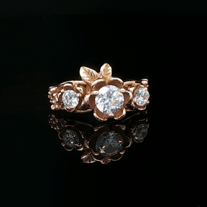 Triple rose birthstone ring in antique bronze with colourful birthstones and ornate floral detailing in gothic vintage style by Le Dragon Argenté