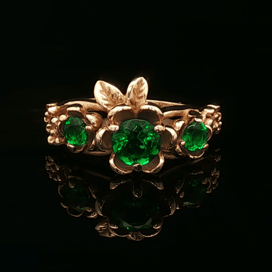 Triple rose birthstone ring in antique bronze with colourful birthstones and ornate floral detailing in gothic vintage style by Le Dragon Argenté