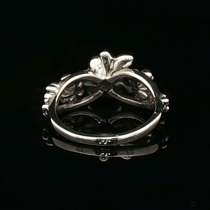 Triple rose birthstone ring in sterling silver with sparkling birthstones and detailed floral design in romantic vintage style by Le Dragon Argenté