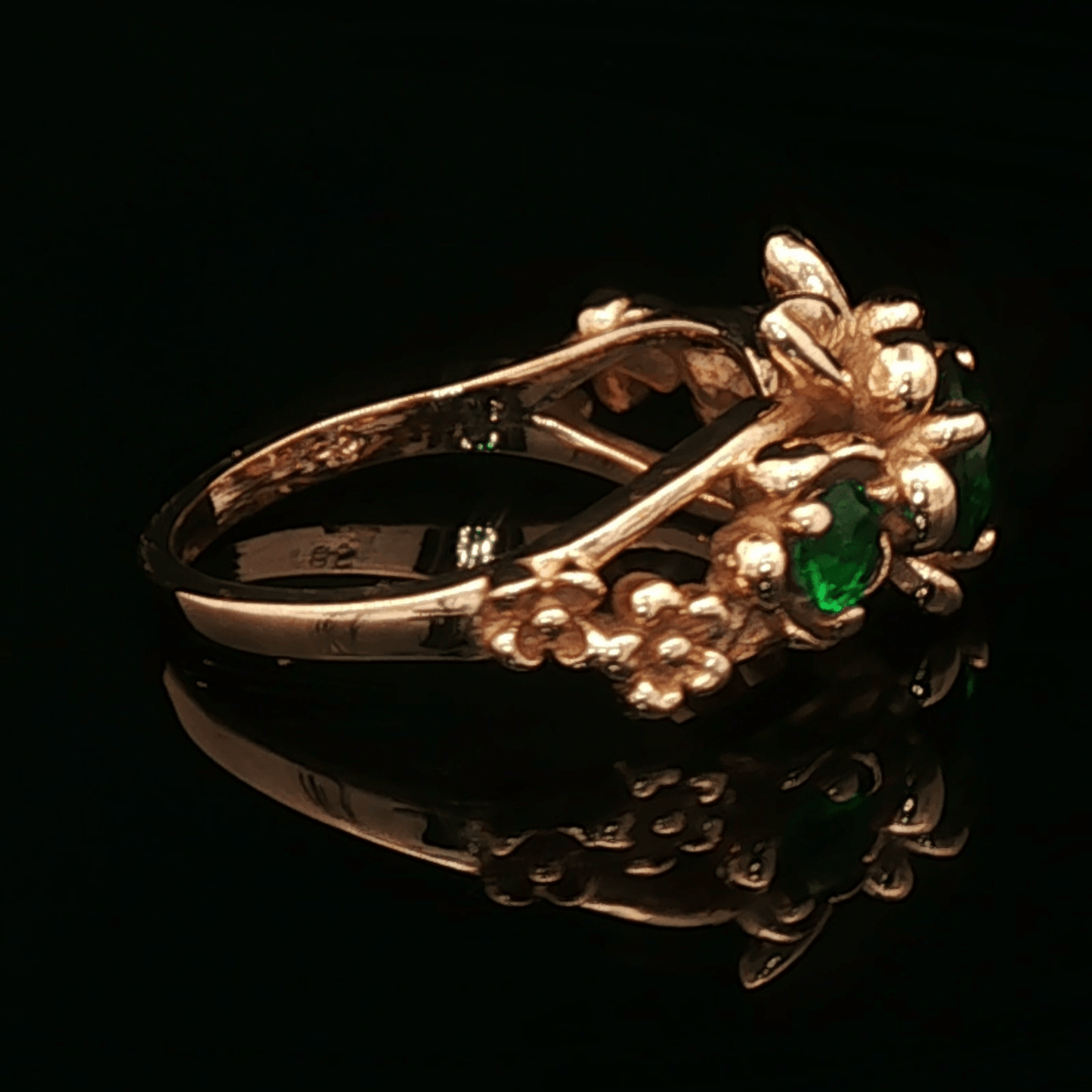 Triple rose birthstone ring in antique bronze with colourful birthstones and ornate floral detailing in gothic vintage style by Le Dragon Argenté