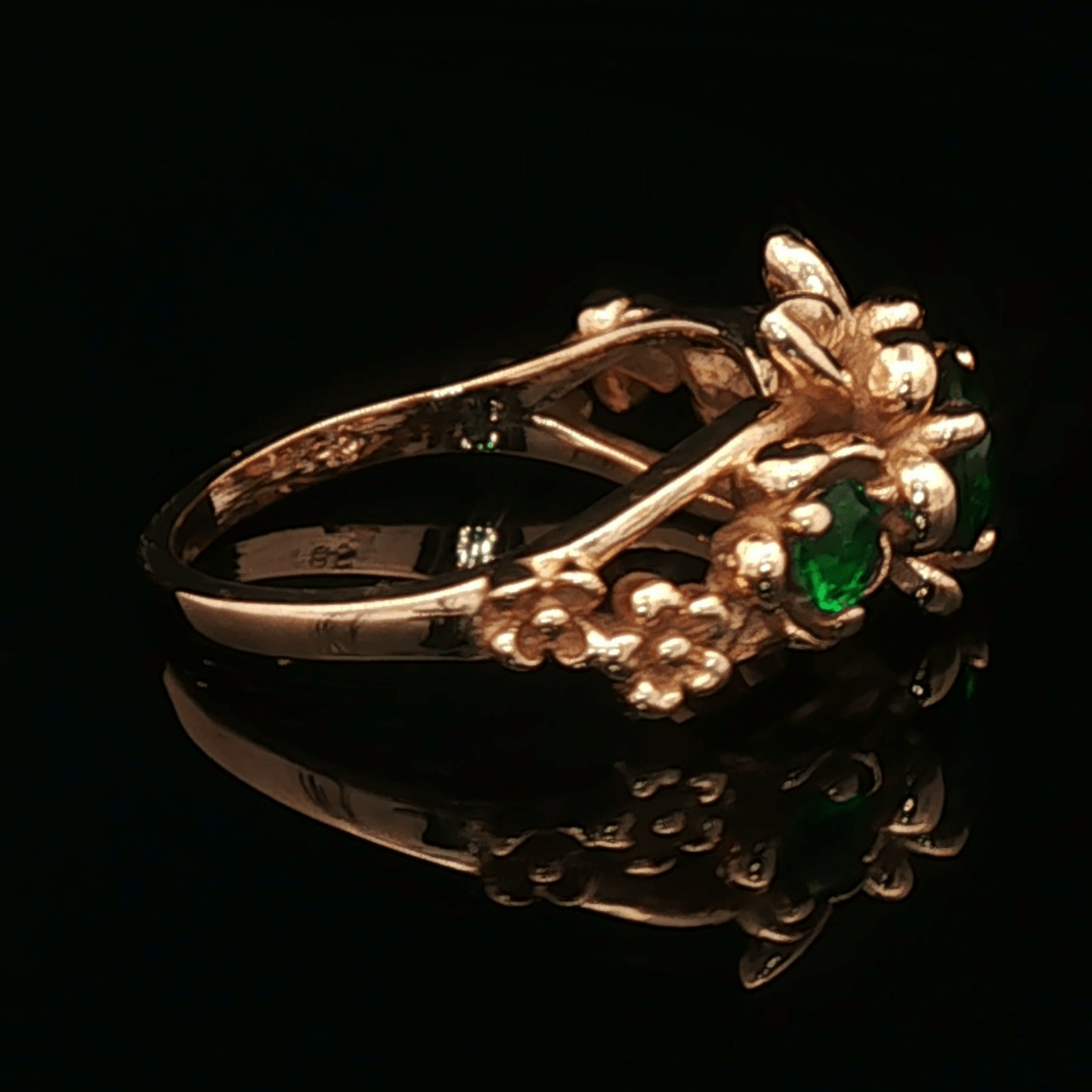 Triple rose birthstone ring in antique bronze with colourful birthstones and ornate floral detailing in gothic vintage style by Le Dragon Argenté