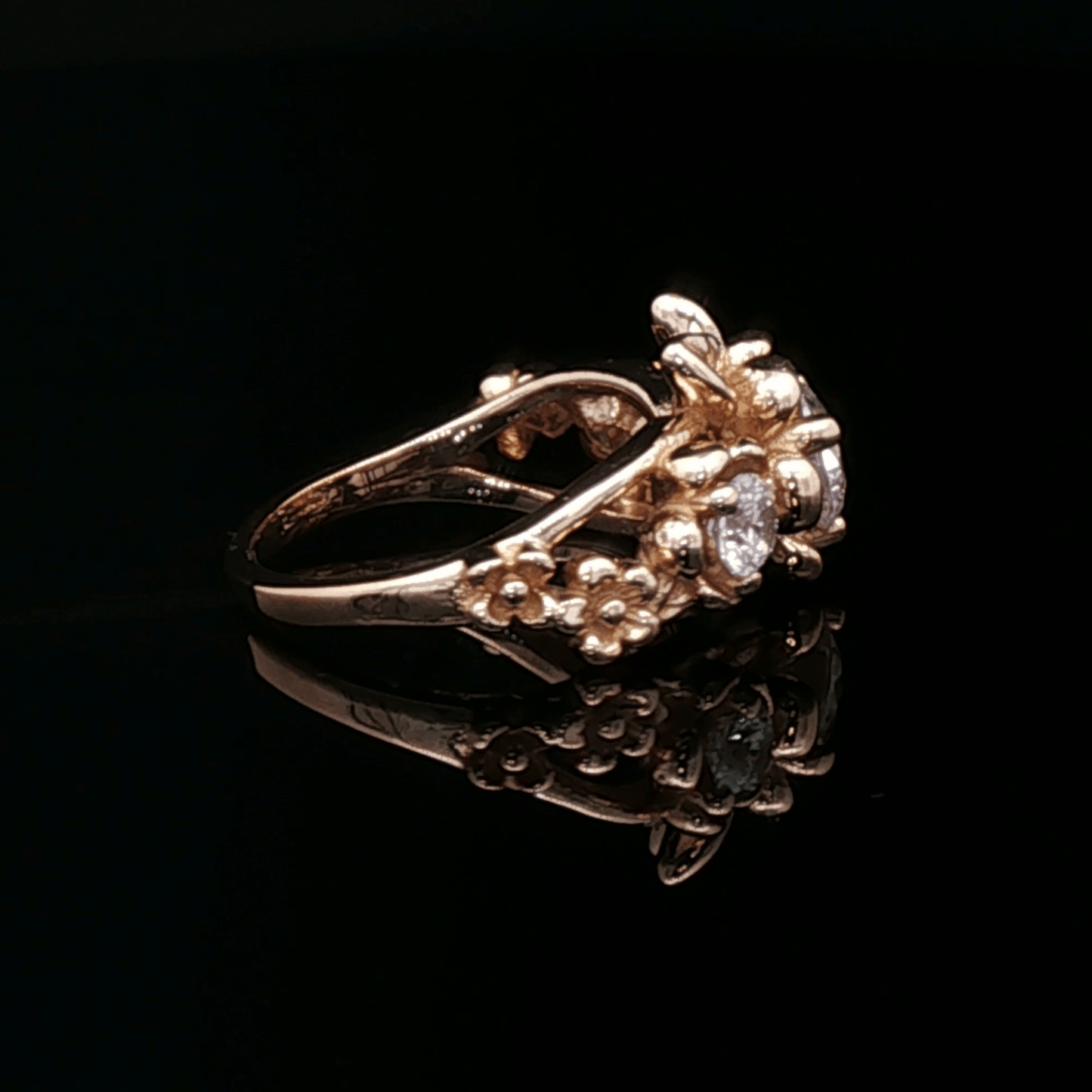 Triple rose birthstone ring in antique bronze with colourful birthstones and ornate floral detailing in gothic vintage style by Le Dragon Argenté
