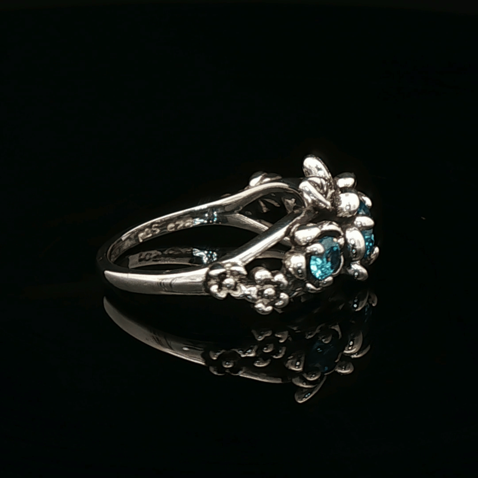 Triple rose birthstone ring in sterling silver with sparkling birthstones and detailed floral design in romantic vintage style by Le Dragon Argenté