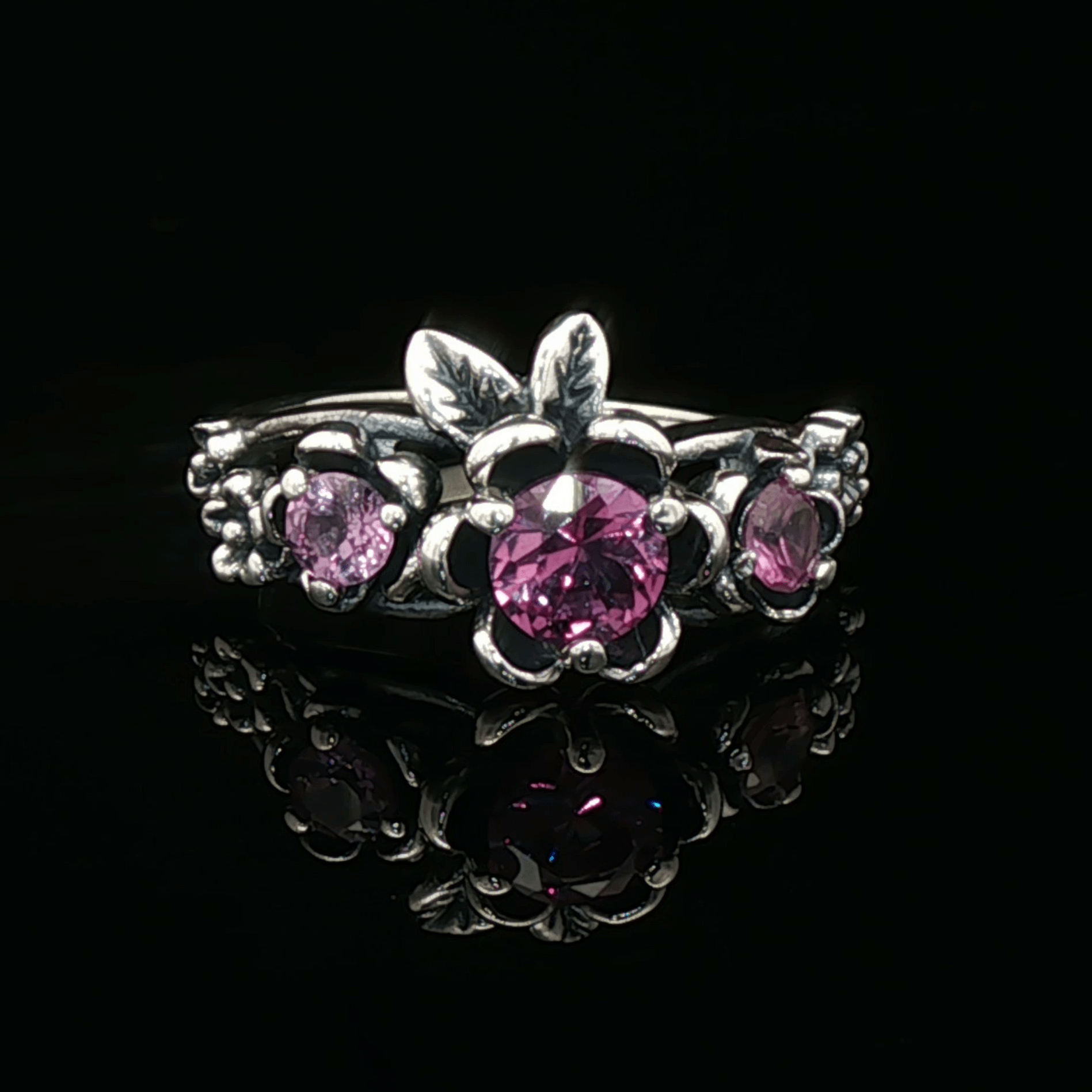 Triple rose birthstone ring in sterling silver with sparkling birthstones and detailed floral design in romantic vintage style by Le Dragon Argenté
