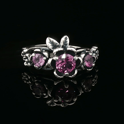 Triple rose birthstone ring in sterling silver with sparkling birthstones and detailed floral design in romantic vintage style by Le Dragon Argenté