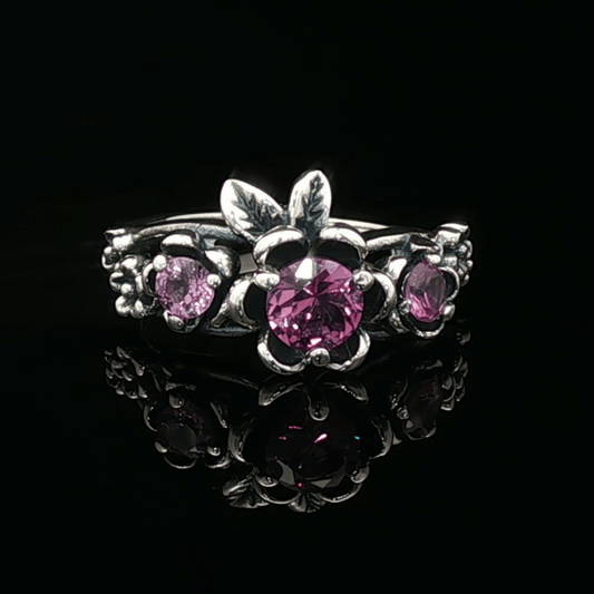 Triple rose birthstone ring in sterling silver with sparkling birthstones and detailed floral design in romantic vintage style by Le Dragon Argenté