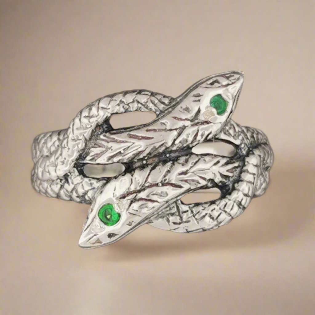 Twin Coiled Snakes Ring with Gemstones in Sterling Silver - Le Dragon Argenté