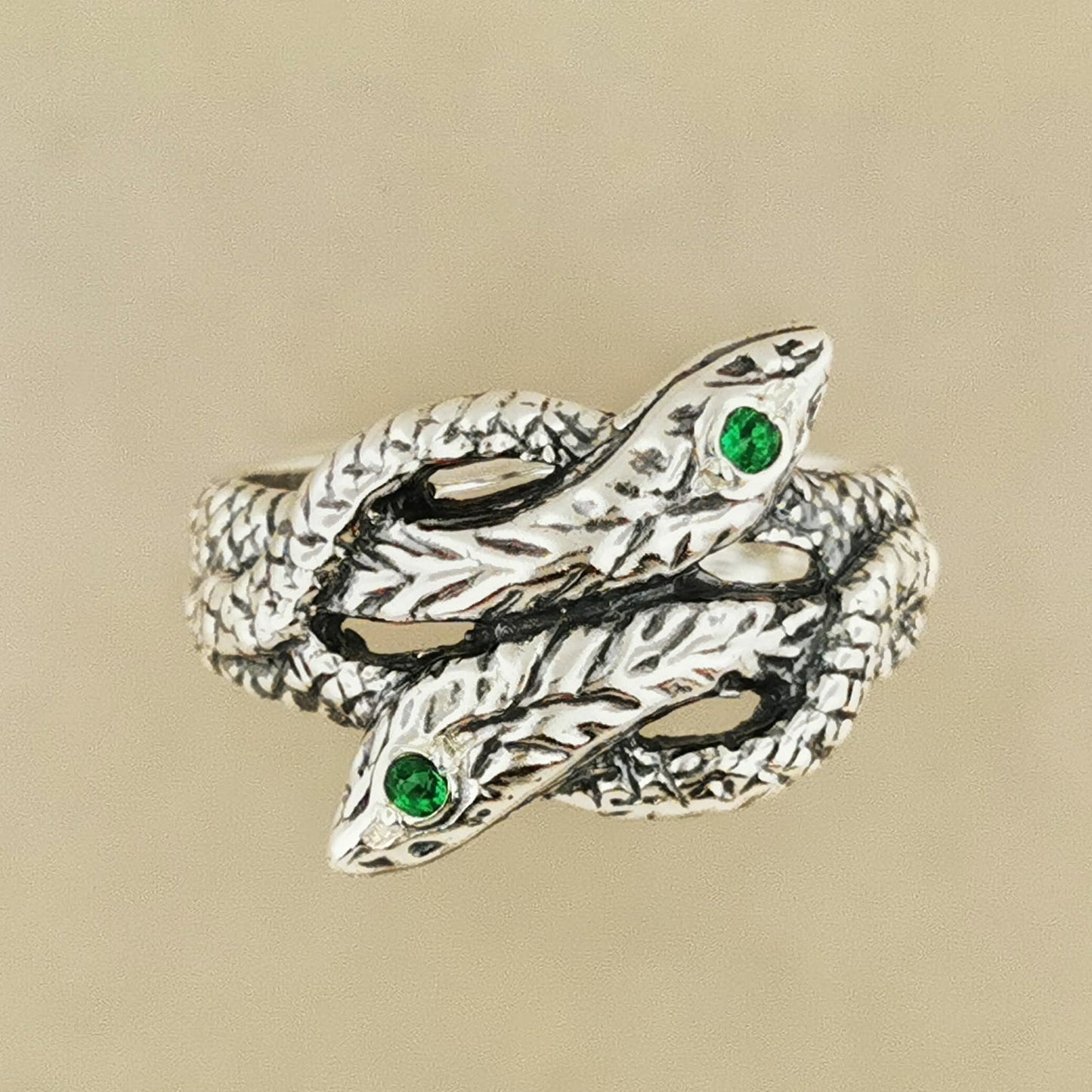 Twin Coiled Snakes Ring with Gemstones in Sterling Silver - Le Dragon Argenté