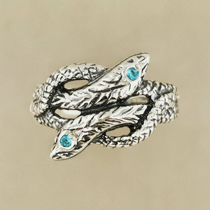 Twin Coiled Snakes Ring with Gemstones in Sterling Silver - Le Dragon Argenté