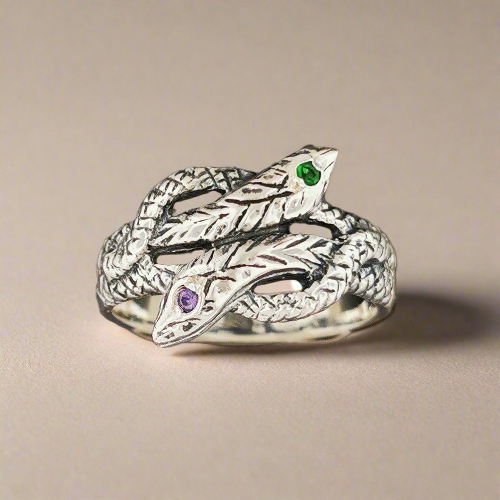 Twin Coiled Snakes Ring with Gemstones in Sterling Silver - Le Dragon Argenté