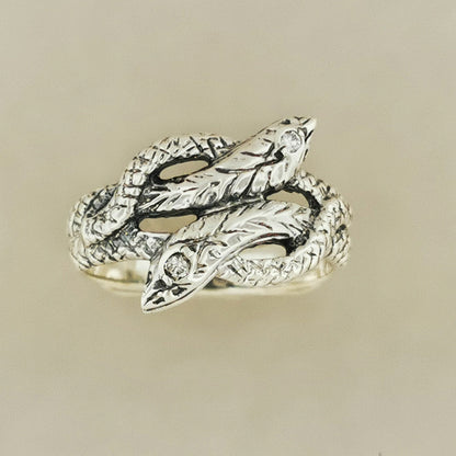 Twin Coiled Snakes Ring with Gemstones in Sterling Silver - Le Dragon Argenté