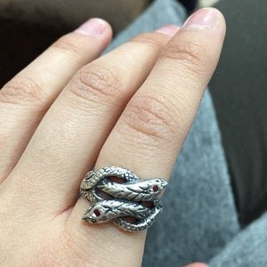 Twin Coiled Snakes Ring with Gemstones in Sterling Silver - Le Dragon Argenté