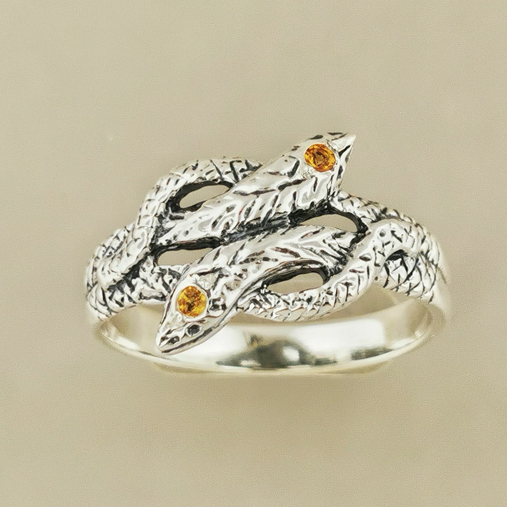 Twin Coiled Snakes Ring with Gemstones in Sterling Silver - Le Dragon Argenté