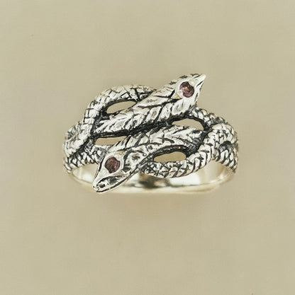 Twin Coiled Snakes Ring with Gemstones in Sterling Silver - Le Dragon Argenté