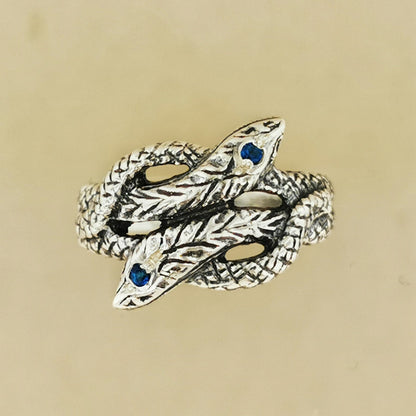 Twin Coiled Snakes Ring with Gemstones in Sterling Silver - Le Dragon Argenté