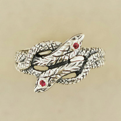 Twin Coiled Snakes Ring with Gemstones in Sterling Silver - Le Dragon Argenté