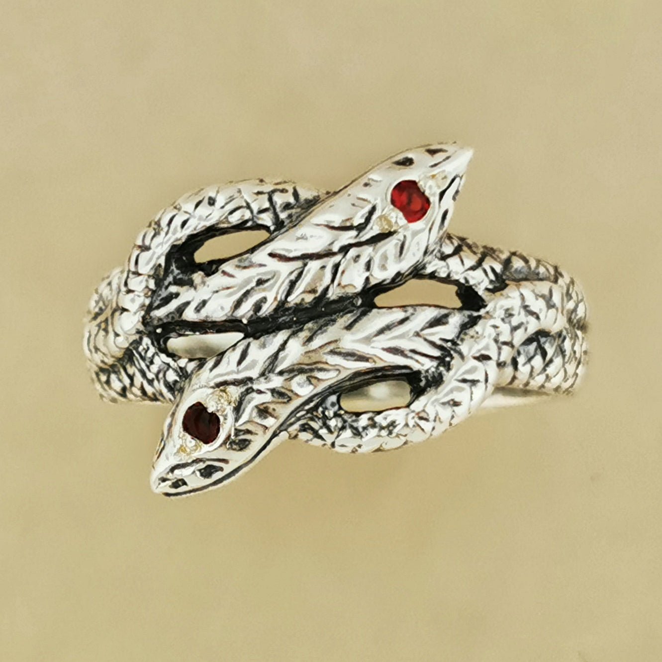 Twin Coiled Snakes Ring with Gemstones in Sterling Silver - Le Dragon Argenté