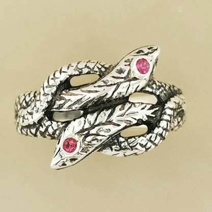 Twin Coiled Snakes Ring with July Birthstone in Sterling Silver - Le Dragon Argenté