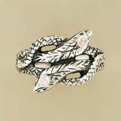 Twin Coiled Snakes Ring with October Birthstone in Sterling Silver - Le Dragon Argenté