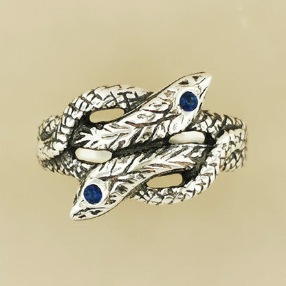 Twin Coiled Snakes Ring with September Birthstone in Sterling Silver - Le Dragon Argenté