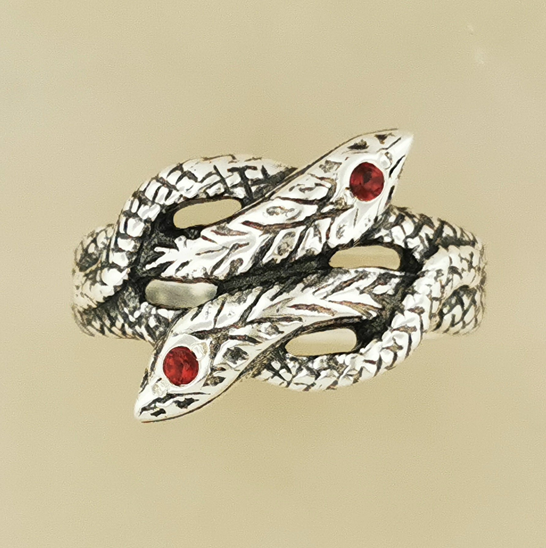 Twin Coiled Snakes Ring with January Birthstone in Sterling Silver - Le Dragon Argenté