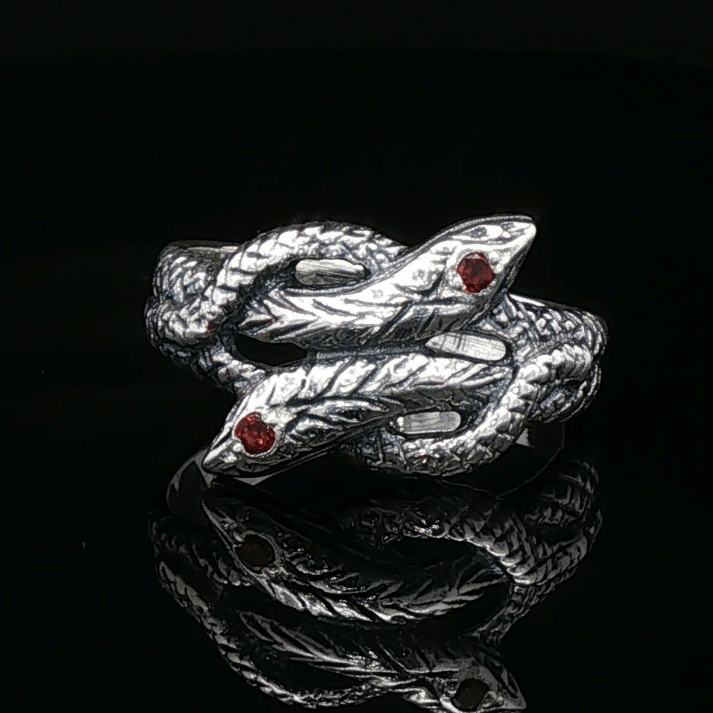 Twin Coiled Snakes Ring with Gemstones in Sterling Silver - Le Dragon Argenté