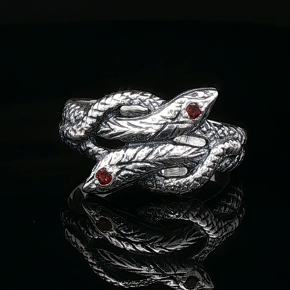 Twin Coiled Snakes Ring with Gemstones in Sterling Silver - Le Dragon Argenté