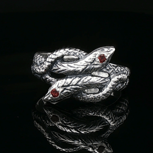 Twin Coiled Snakes Ring with Gemstones in Sterling Silver - Le Dragon Argenté