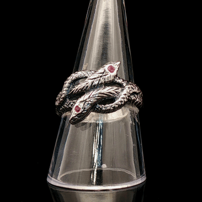 Twin Coiled Snakes Ring with Gemstones in Sterling Silver - Le Dragon Argenté