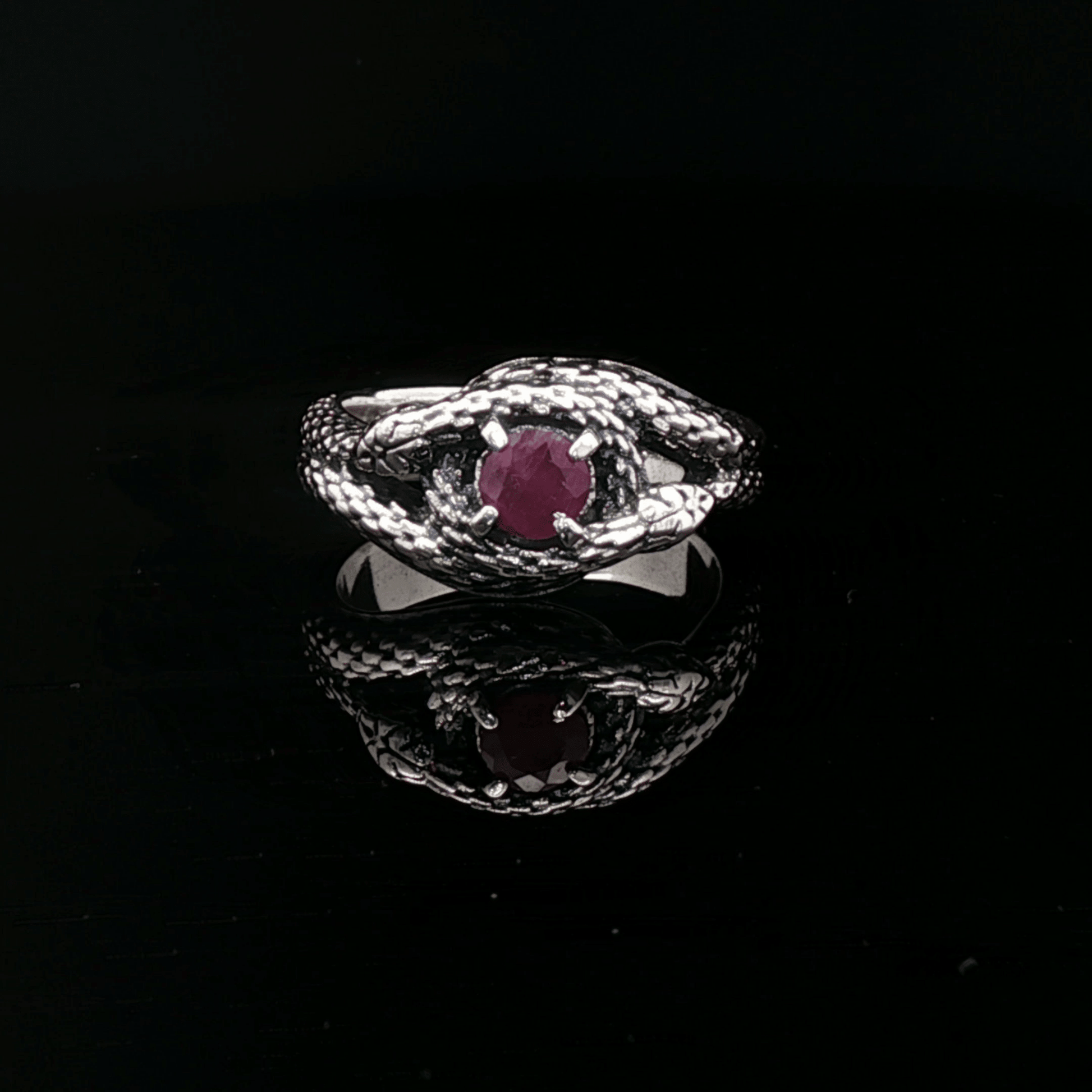 Two Snakes Ring with birthstone silver garnet - Le Dragon Argenté