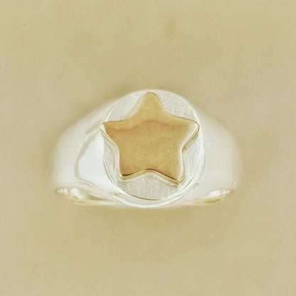 Two Tone Signet Ring in Sterling Silver with Bronze Moon or Star - Le Dragon Argenté