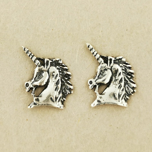 Handmade Sterling Silver Unicorn Head Earrings with fantasy design by Le Dragon Argenté