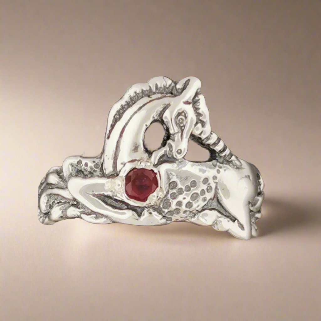 Unicorn Ring in Sterling Silver with Gemstone Heart - Le Dragon Argenté