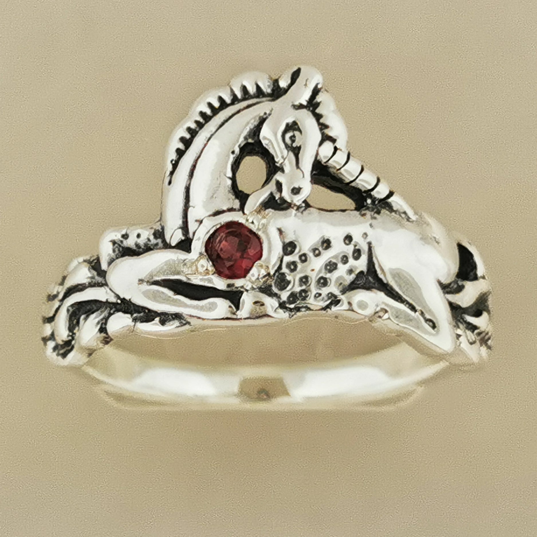 Unicorn Ring in Sterling Silver with Gemstone Heart - Le Dragon Argenté