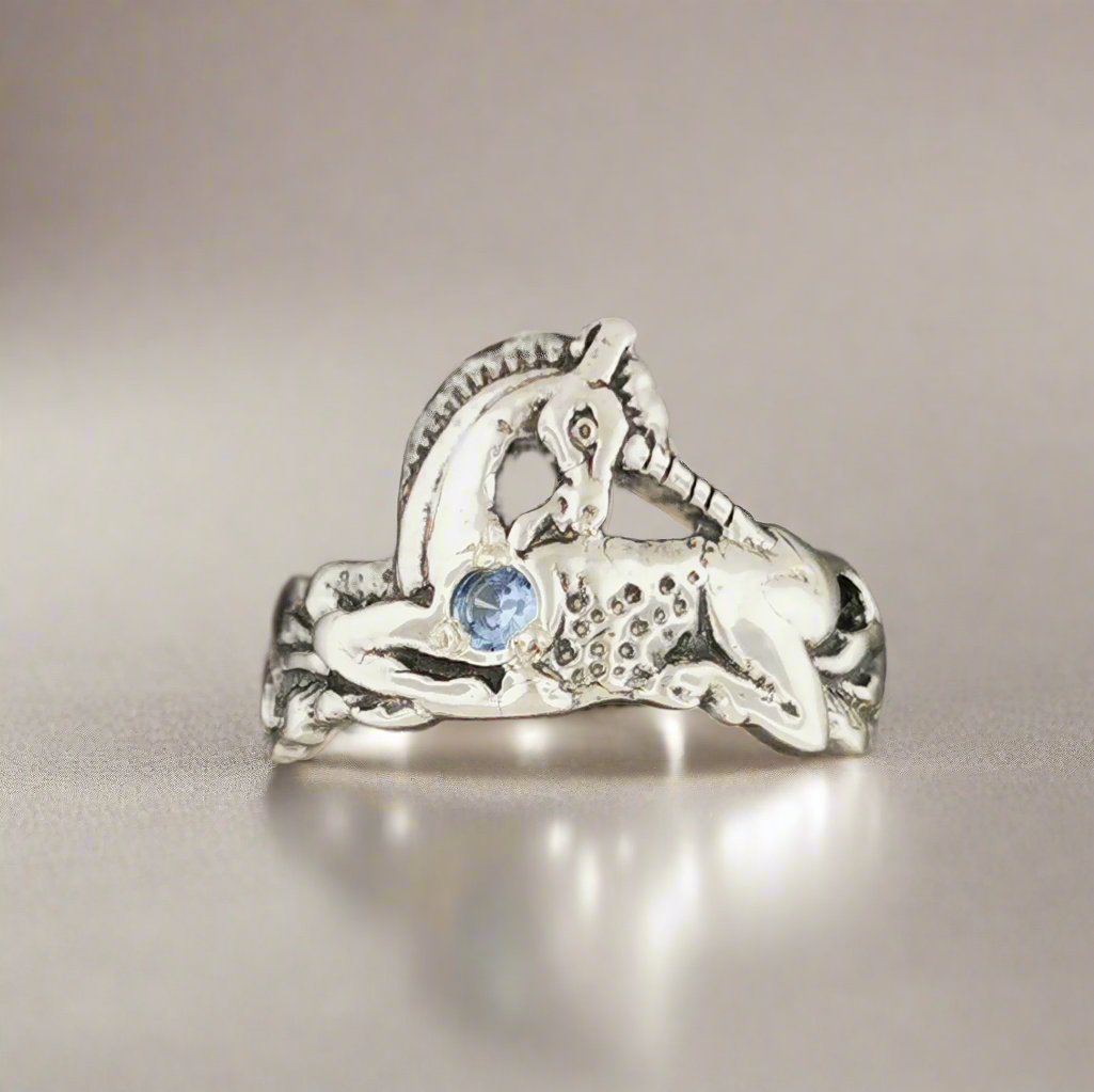 Unicorn Ring in Sterling Silver with Gemstone Heart - Le Dragon Argenté